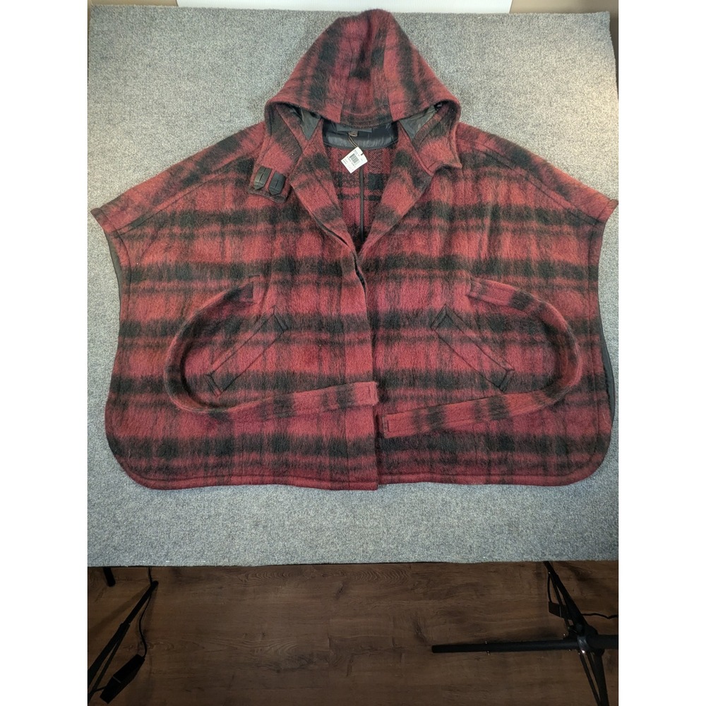 Coach Dark Cranberry Plaid Wool Blend Hooded Cape Leather‎ Trim F86266 NWT M/L